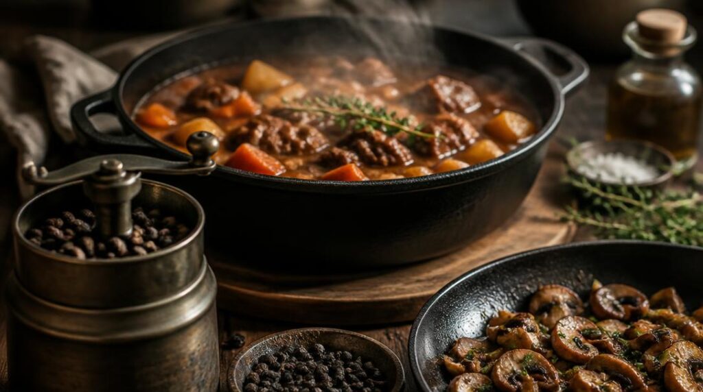 Poivre Tellicherry sur plat mijoté aux champignons