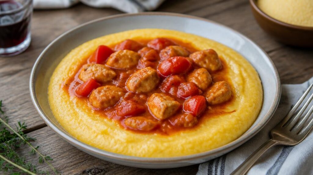 Polenta crémeuse sous une sauce aux poivrons