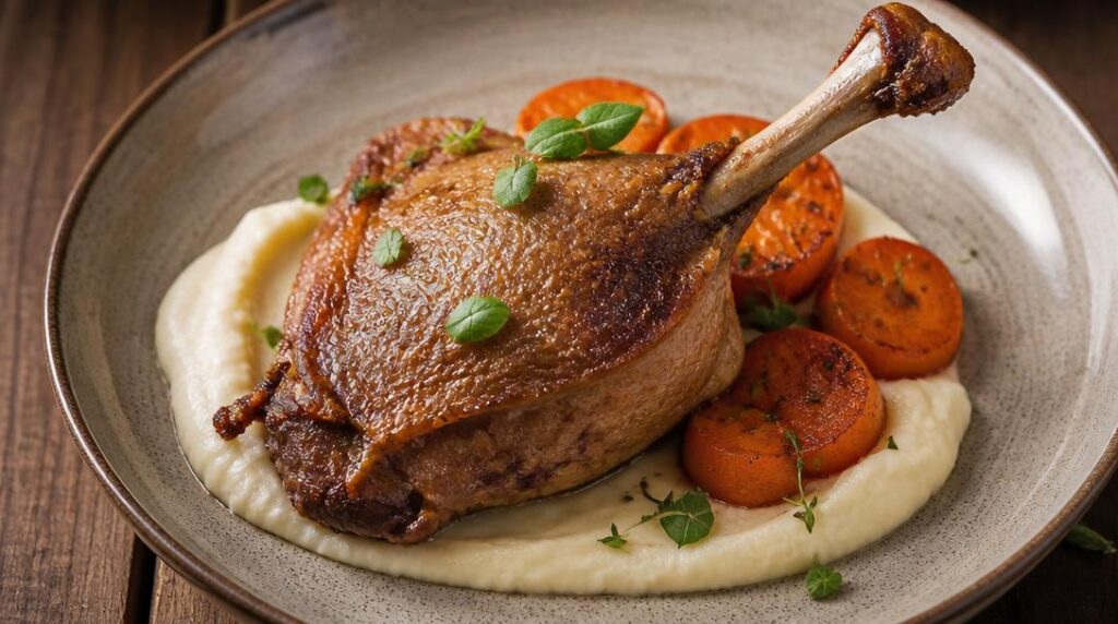 Purée de céleri-rave avec cuisse de canard confite