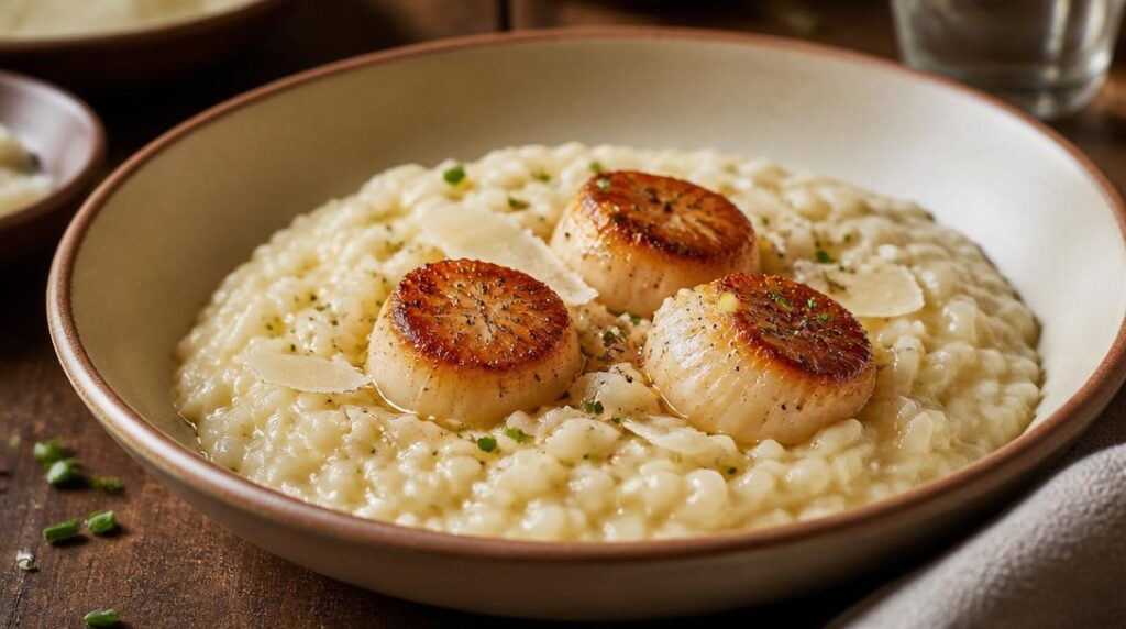 Risotto crémeux au parmesan servi avec Saint-Jacques