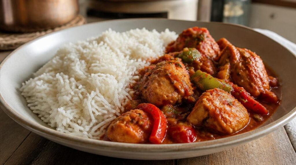 Riz basmati servi avec sauce basquaise