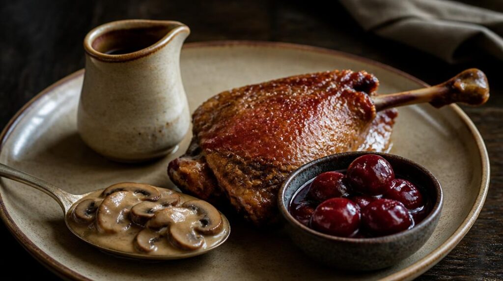 Sauce aux cèpes servie avec canard confit