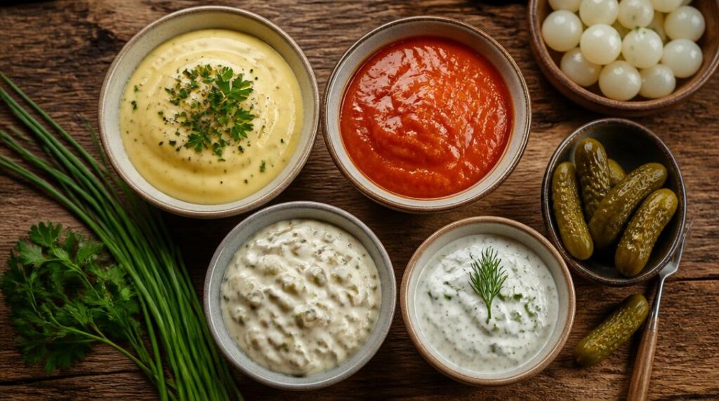 Ramequins de sauces et cornichons pour fondue