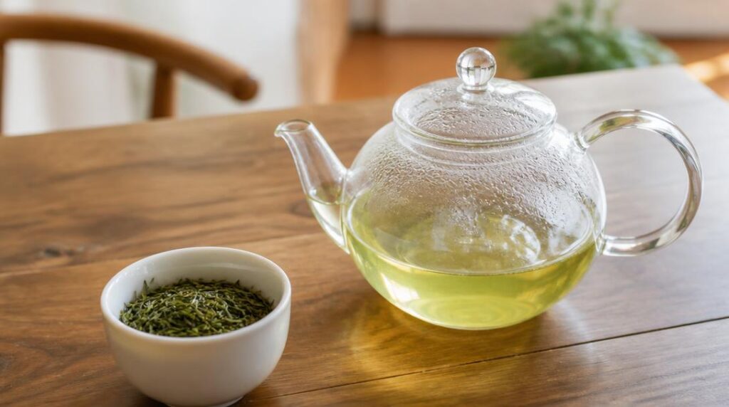 Sencha japonais en vrac dans une tasse claire