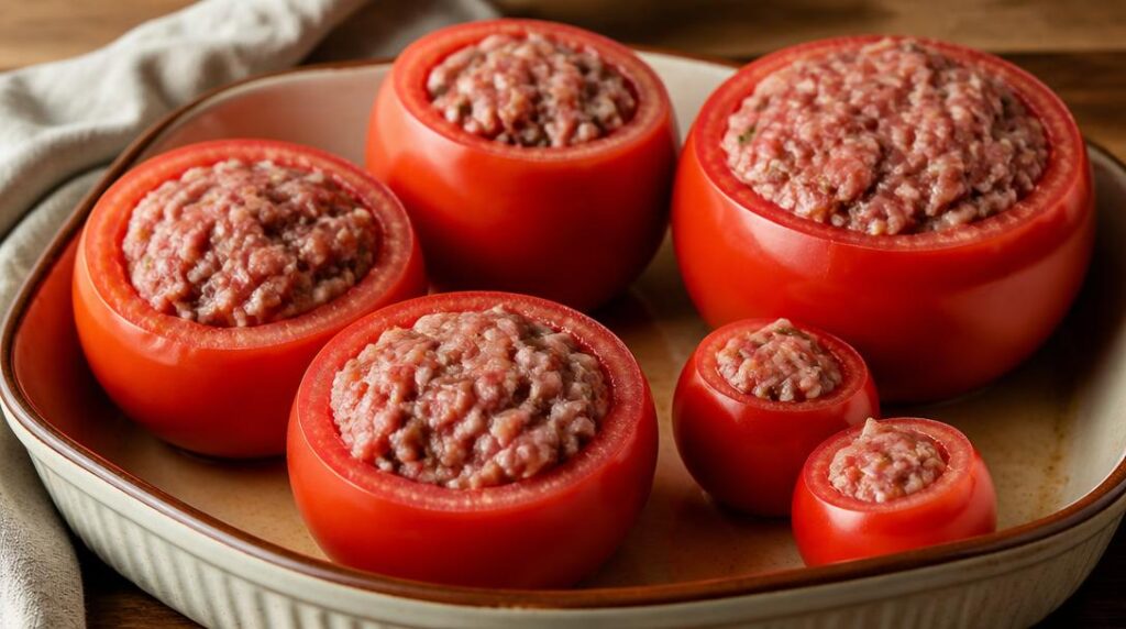 Tomates farcies de tailles variées avant cuisson