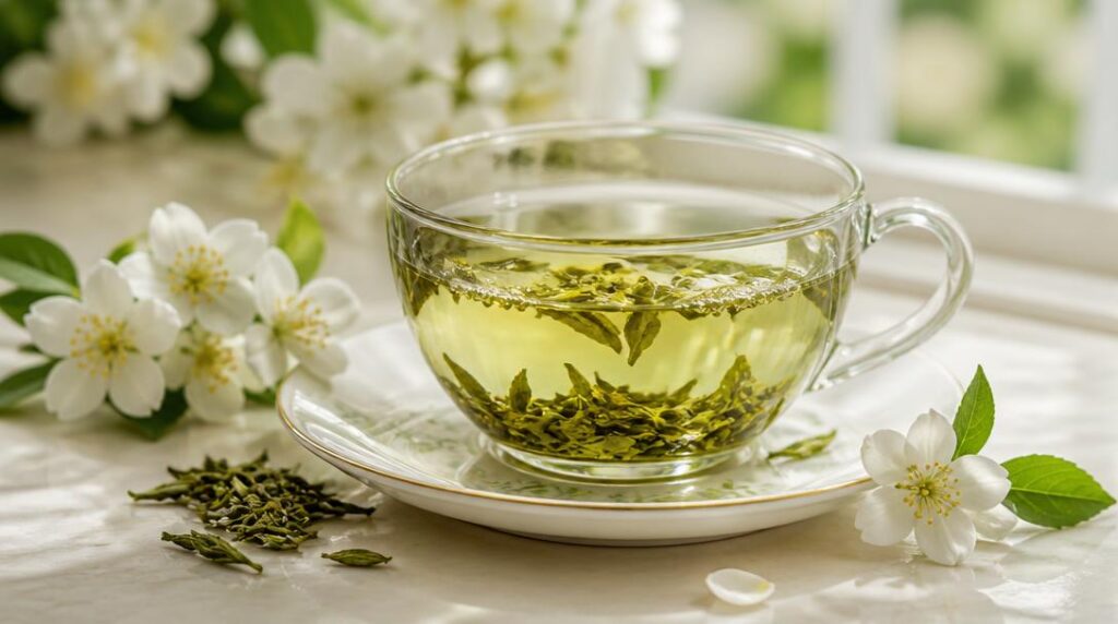 Thé vert au jasmin avec fleurs blanches