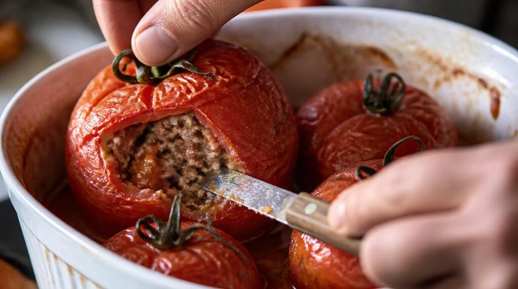 Farce cuite à cœur dans tomate farcie