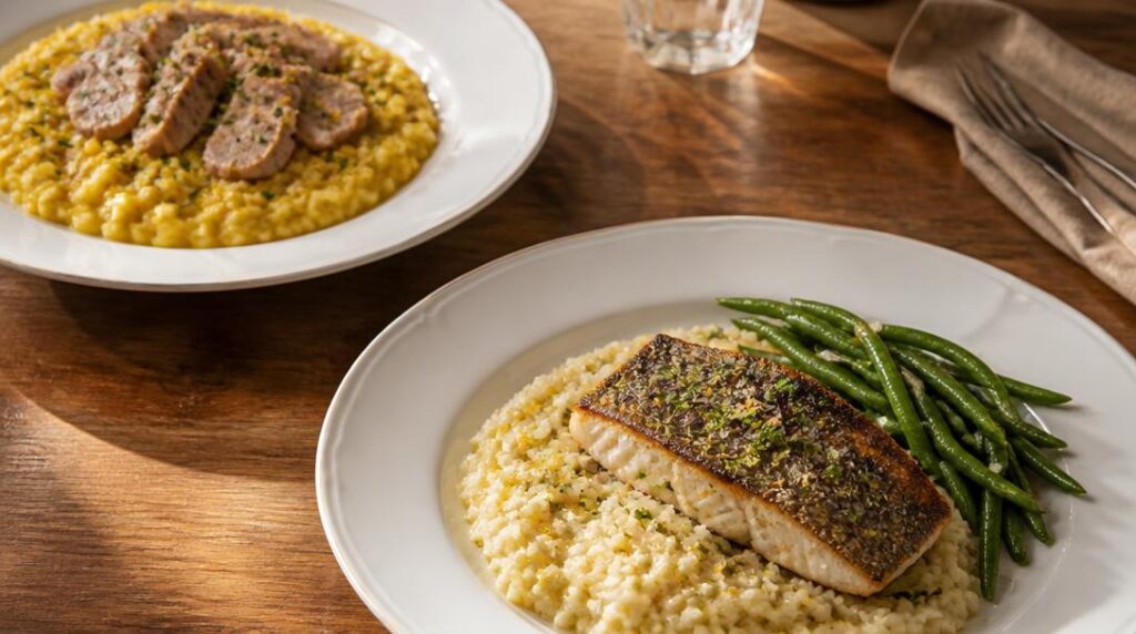 Veau et poisson blanc servis avec risotto